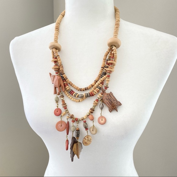 Vintage boho wooden carved animal necklace